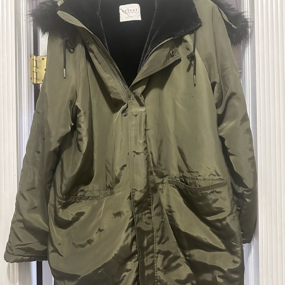 Velvet Olive Green Coat with Black Faux Fur. Inside arms and body are so soft